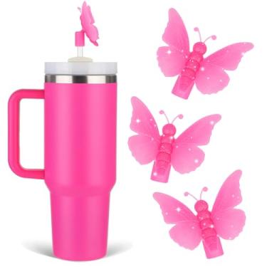 Imagem de Oddyami Cobertura de palha de borboleta rosa para Stanley Cup, topo de palha de glitter de silicone para copo com alça 30/1,134 g, tampa de canudos fofos de 10 mm/0,4 pol, tampas de canudos para