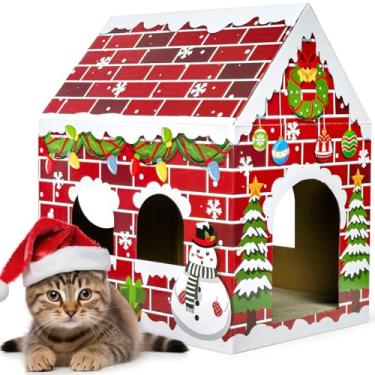 Imagem de Cinrobiye Casa de Natal de papelão para gatos com arranhador para animais de estimação, tábua de gengibre, cama, caverna, casinha de brinquedo, esconderijo, condomínio, decoração de pequenos animais