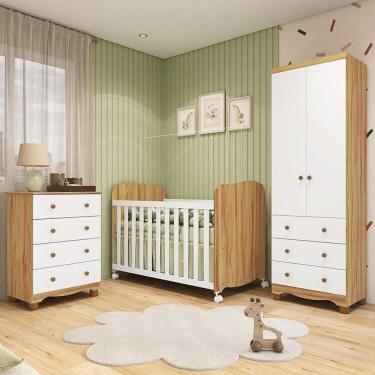 Imagem de Quarto de Bebê com Guarda-roupa 2 Portas Cômoda e Berço com Rodízios 100% Mdf Mimo Espresso Móveis Branco Brilho/Amêndoa