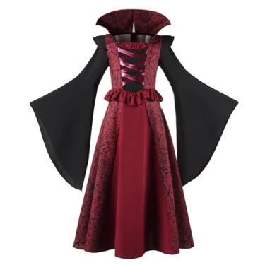 Imagem de ABAO SISTER Royal Vampire Costume for Girls Gothic Medieval Dress Halloween Costume, Long Bell Sleeves, Corset Style Bodice (Burgundy,6-7Y)