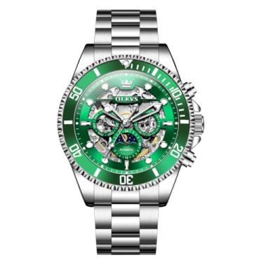 Imagem de OLEVS Relógios mecânicos automáticos masculinos de luxo, dourado, verde, esqueleto, turbilhão, aço inoxidável