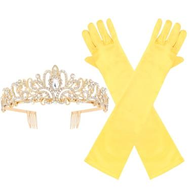 Imagem de Brimekichio Tiara e luvas para meninas, crianças, coroa de princesa e luvas longas de cetim para meninas, acessórios de princesa de Halloween, crianças, ouro