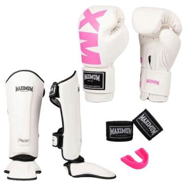 Imagem de Kit Luva Muay Thai Mxm White/Pink + Caneleira Muay Thai White + Bandag
