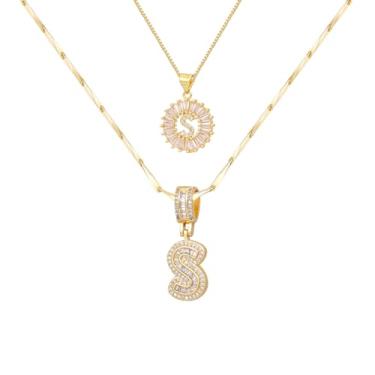 Imagem de ALFISO Colar com letras para mulheres, colares com inicial banhada a ouro 14K, joias personalizadas com nome personalizado, colar com pingente de iniciais para casal, 2 peças, colar elegante e