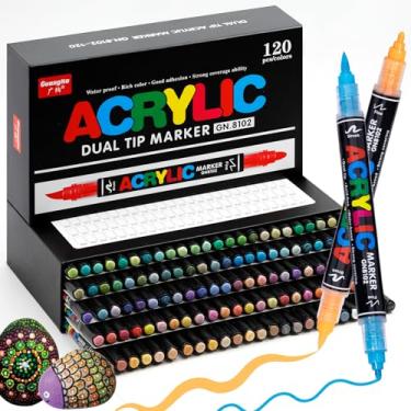Imagem de Guangna Marcadores de tinta acrílica de 120 cores, conjunto de canetas marcadoras de ponta dupla com ponta de pincel macio, marcadores multifuncionais de ponta fina para madeira, tela, pintura