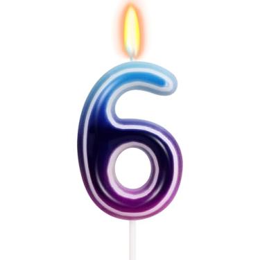 Imagem de Velas de aniversário com tema K-pop – vela número 6, decoração de bolo neon gradiente azul roxo, decoração de festa de aniversário com tema de música de desenho animado