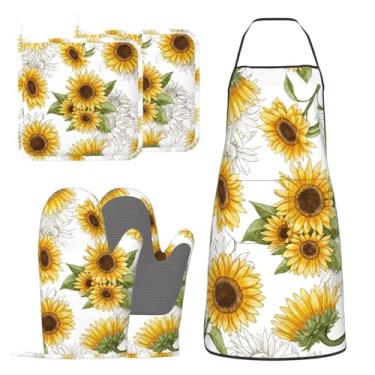 Imagem de HEROARMOUR Luvas de forno de girassol amarelo, girassóis, porta-panelas, avental de cozinha com flores amarelas, conjunto de 5 luvas de cozinha de silicone, antiderrapante, resistente ao calor para