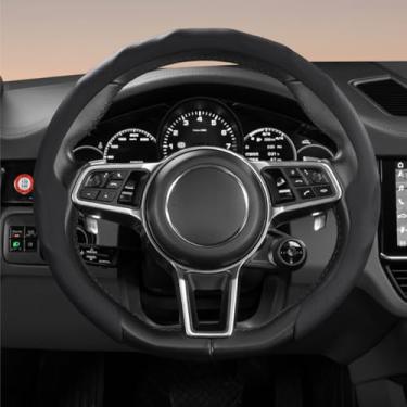 Imagem de Capa de volante universal de couro napa premium de 38 cm - antiderrapante, macia e confortável, fácil instalação para a maioria dos carros (preto)