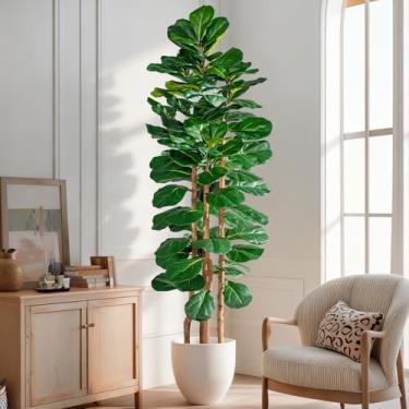 Imagem de Figueira artificial com folha de violino 1,8 m, figueira falsa para ambientes internos com tronco de madeira natural e folhas realistas com vaso de musgo, ficus falso, planta grande para sala de estar
