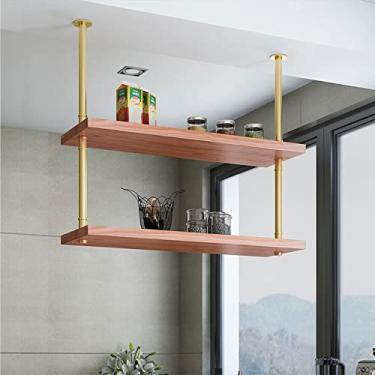 Imagem de Rack de vinho de teto de 2 níveis, suporte para pendurar para copos de vinho, estante de ferro vintage, suporte de plantas de madeira antigo, prateleiras de quarto para decoração de parede, adequado