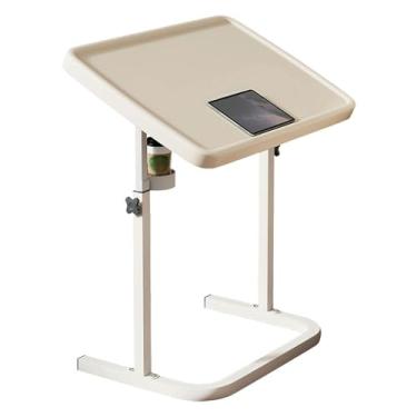 Imagem de Mesa de cabeceira dobrável ajustável com suporte para copos, mesa de laptop e bandeja de jantar portátil para sofá, mesa de TV ajustável em altura (bege)