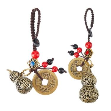 Imagem de SUPERFINDINGS 2 peças, 2 estilos de moedas da sorte Feng Shui com cabaça de latão Wu Lou, chaveiros de boa sorte, pingente de cuia bonito chaveiro para riqueza, sucesso e longevidade