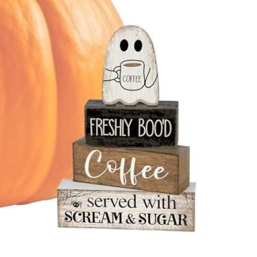 Imagem de Placa de madeira fantasma, placas decorativas de bloco de fantasma | Exibição de bloco de peça central decorativa para cozinha, café, bar, prateleira interna, festa, época de férias