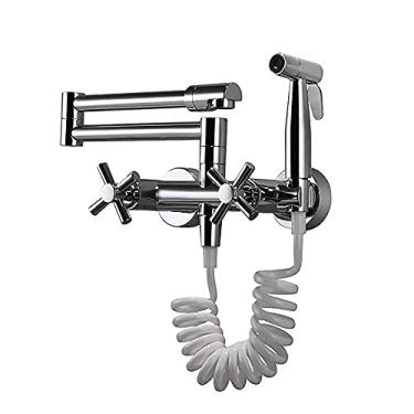 Imagem de Torneira dobrável para pia de cozinha latão alça dupla água quente e fria montada na parede rotação de 360° com torneira misturadora pulverizadora, cromada