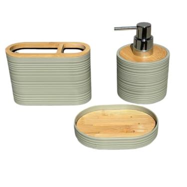 Imagem de Kit Banheiro Luxo 7 Peças em Bambu – Lixeira, Porta Escova, Dispenser e Acessórios para Lavabo(KIT VERDE 3 PÇS BAMBU)