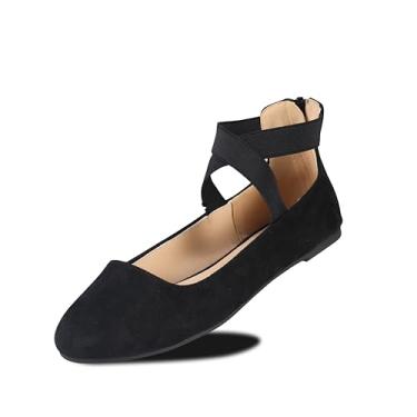 Imagem de EMMA NEW YORK Sapatilhas femininas confortáveis com alça, sapatilha bailarina com tiras elásticas no tornozelo para mulheres, sapatos renascentistas, sapatos de bailarina rasos, Su-preto, 38