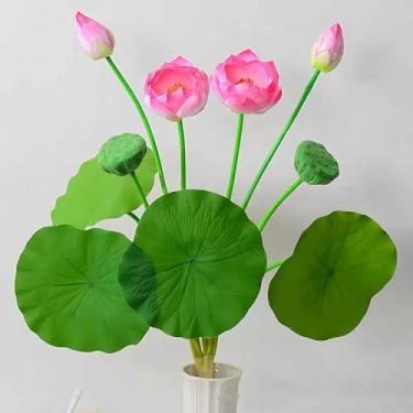 Imagem de Evlasumflow 2 peças de flores de lótus artificiais com folhas 66 cm buquês de lírio de água falsas para buquê de vaso para decoração de casamento e escritório em casa.