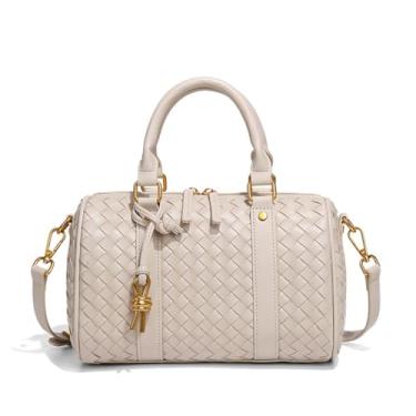 Imagem de Bolsas femininas de couro Boston Barrel Bag com alça superior e bolsas de ombro transversais, Branco