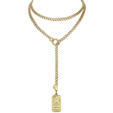 Imagem de EverGlimp Colar feminino de duas camadas, banhado a ouro 18 K, colar em Y ajustável com anel de mola e pingente de barra com gravação de girassol, joias modernas hipoalergênicas (99 cm)