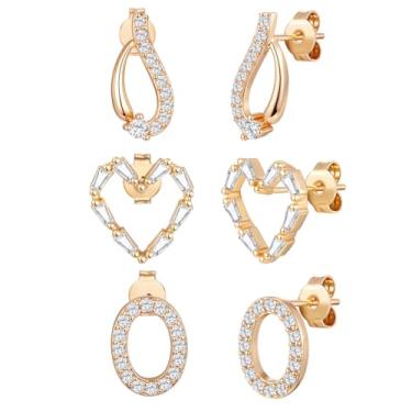 Imagem de VOLUKA Brincos femininos de zircônia cúbica – 3 pares de brincos de pressão 18K hipoalergênicos para orelhas sensíveis, imitação de diamante CZ, Latão, Zircônia cúbica