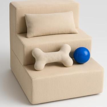 Imagem de NicoBia Escadinha Pet para Cães Pequenos, 3 Degraus em Suede, com Travesseiro, Osso e Bolinha, Estrutura MDF, para Sofá e Cama, 42x30x32 cm (Bege)