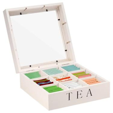 Imagem de Organizador de caixa de chá de madeira, suporte de saquinho de chá de grande capacidade com janela transparente, caixa de armazenamento de chá elegante e prática com 9 compartimentos para saquinhos de