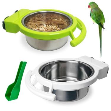 Imagem de BNOSDM 2 peças de copos de prato de alimentação de pássaros com suporte de poleiro para pendurar tigelas de aço inoxidável para pássaros, recipiente de comida, tigelas de água e comida com colher para