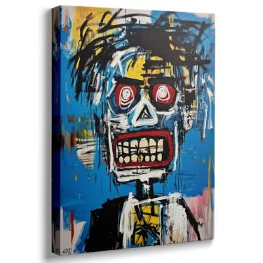 Imagem de Ypxzzj Arte de parede em tela expressionista abstrata, azul, amarelo, preto, vermelho, pintura moderna de retrato de caveira (40,6 cm x 61 cm)