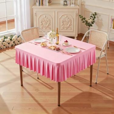 Imagem de Wish Care Toalhas de mesa de elastano rosa para mesas quadradas de 86 x 86 cm, roupas de mesa elásticas com saia plissada com babados para mesa de 86 cm, sem rugas e elásticas, para festa, cozinha