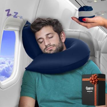 Imagem de Almofadas infláveis de viagem para aviões, carros e casa. Novo design J. Suporte de pescoço e queixo. Firmeza ajustável. Travesseiro de pescoço inflável para viajar de avião. Almofadas de pescoço