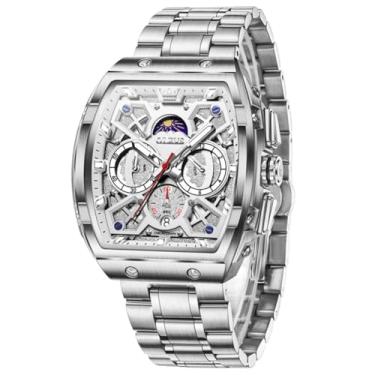 Imagem de OLEVS Relógios masculinos analógicos, quartzo, luxuoso, diamante, à prova d'água, cronógrafo, aço inoxidável, mostrador grande, quadrado, data, fase da lua, numerais romanos, relógio social masculino