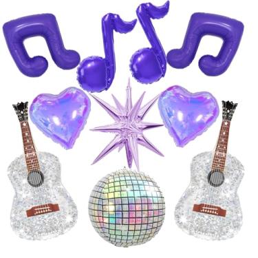 Imagem de Kpop Girl Group Balões de festa, balões roxos de notas musicais, balões de bola de discoteca, balões de guitarra e balões de coração iridescentes para decoração de festa de música, noite de concerto