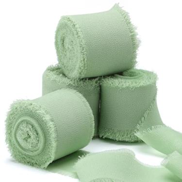 Imagem de EUSOAR Fita de chiffon verde, 4 rolos de 3,8 cm x 5,5 metros cada fita de cetim com franja, fitas de seda feitas à mão para artesanato, embrulho de presente, casamento, faça você mesmo, convites de