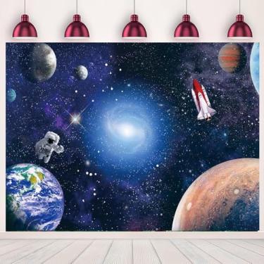 Imagem de Fundo fotográfico de astronauta espacial, 20 x 1,8 m, galáxia cósmica, planeta, foguete, presente para recém-nascidos, festa de aniversário, chá de bebê, faixa fotográfica, estúdio fotográfico, fundos