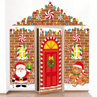 Imagem de HunnmingRe 4 peças de capa de porta de pão de gengibre de Natal de 248 cm, decoração de Natal, casa de gengibre, hortelã-pimenta, doces, banner, pano de fundo para pendurar para sala de aula
