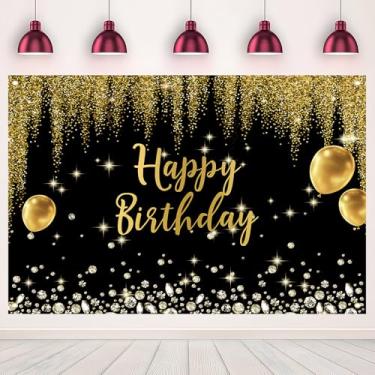 Imagem de 1,8 x 1,5 m de fundo dourado com glitter para fotos de feliz aniversário balão de diamante estrelas brilhantes ouro preto fotografia fundo cintilante evento festivo celebrações decorações poliéster