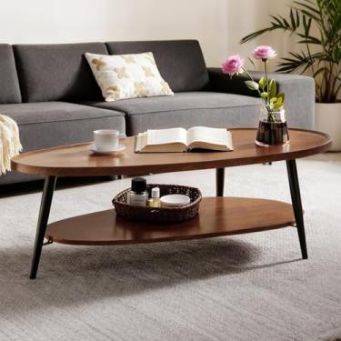 Imagem de Mesa de centro oval para sala de estar, mesa de centro de nogueira de meados do século, madeira moderna, oval de 2 camadas para espaços pequenos, D47 x L 60 x A 38 cm