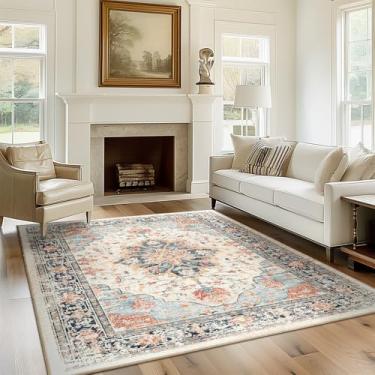 Imagem de RELEANY Tapetes quadrados de 1,8 m, lavável, antiderrapante, floral, vintage, estampado, medalhão para sala de estar, quarto, sala de jantar, bege, azul marinho, laranja, colorido