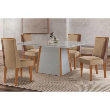 Imagem de Sala Jantar Mesa Tilia Tampo c/ Vidro Curvo 120cm+4 Cadeiras Tilia Naturale/Off White - Linho Bege - Rufato