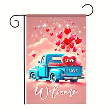 Imagem de BlissYard Love Heart Truck Bandeiras de jardim, feliz dia dos namorados, coração, balão, bandeira de jardim, 30,5 x 45,7 cm, bem-vindo, vertical, bandeira de tamanho duplo para decoração externa de