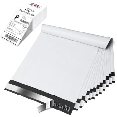 Imagem de Fuxury 100 peças de envelopes de poliéster de 25 x 33 cm e etiquetas térmicas de 10 x 15 cm, envelopes e adesivos impermeáveis para roupas, sacos de envio de poliéster forte para pequenas empresas