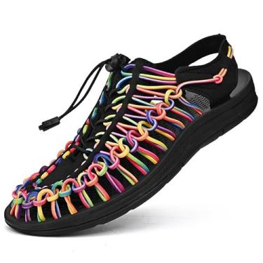 Imagem de Sandálias esportivas de corda para homens, sapatos de pescador, sandálias de praia masculinas feitas à mão, confortáveis e leves, Arco-íris - preto, 42
