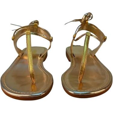 Imagem de Sandália Helena Feminina em Couro Legítimo – Rasteira, Leve e com Design Moderno para Looks Versáteis| Dourado N°35