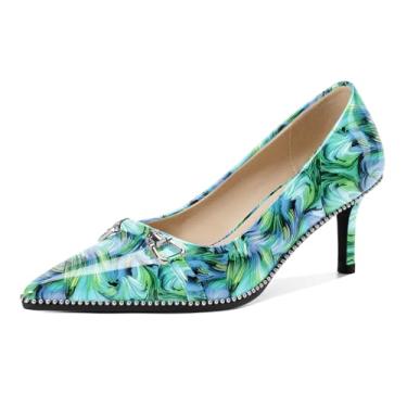 Imagem de Joseywade Sapato feminino de salto baixo gatinho sem cadarço 6 cm fechado bico fino com fivela de metal, Verde floral envernizado, 38