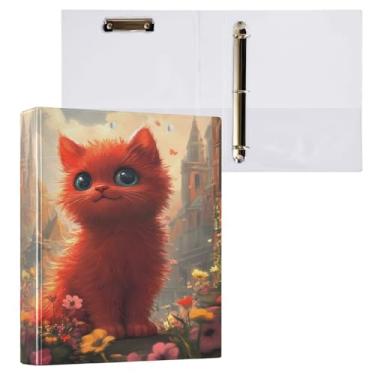 Imagem de Pasta de flores de gato vermelho prancheta resistente com 3 anéis 5 cm, 27 x 31,5 cm, material escolar