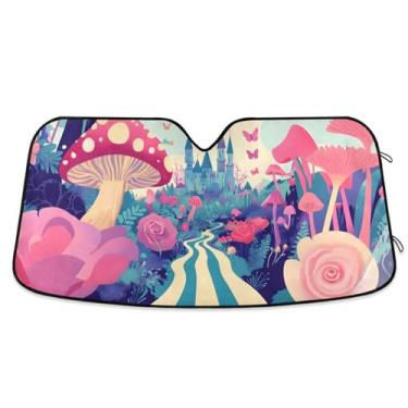 Imagem de Guarda-sol rosa jardim cogumelo para para-brisa de carro, proteção UV, janela frontal, para-sol para a maioria dos sedãs, SUV, caminhões, grandes