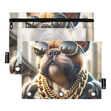 Imagem de GAIGEO Pacote com 3 argolas para fichário engraçado com buldogue francês com zíper para meninos fichários escolares com bolsos transparentes 25 x 18 cm, 2 pacotes