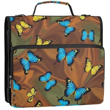 Imagem de Fichários coloridos de borboletas marrons com 3 anéis de 3,5 cm D fichário organizador de zíper com alça bolsa de ensino médio estojo portfólio de armazenamento de trabalho com alça, 34,5 x 31,5 x 9