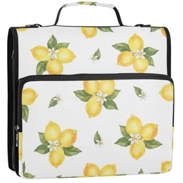 Imagem de Fichários de 3,8 cm e limões amarelos brancos, 3 anéis, fichário com zíper, fichário organizador com alça para escola secundária, vários bolsos, pasta grande, 34,5 x 31,5 x 9 cm