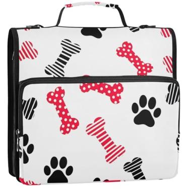 Imagem de Organizador de fichário com zíper, ossos de pata de cachorro, fichários de 3 cm, 3 anéis, bolsa escolar colorida resistente com alça de ombro, pasta de armazenamento com alça, 34,5 x 31,5 x 9 cm